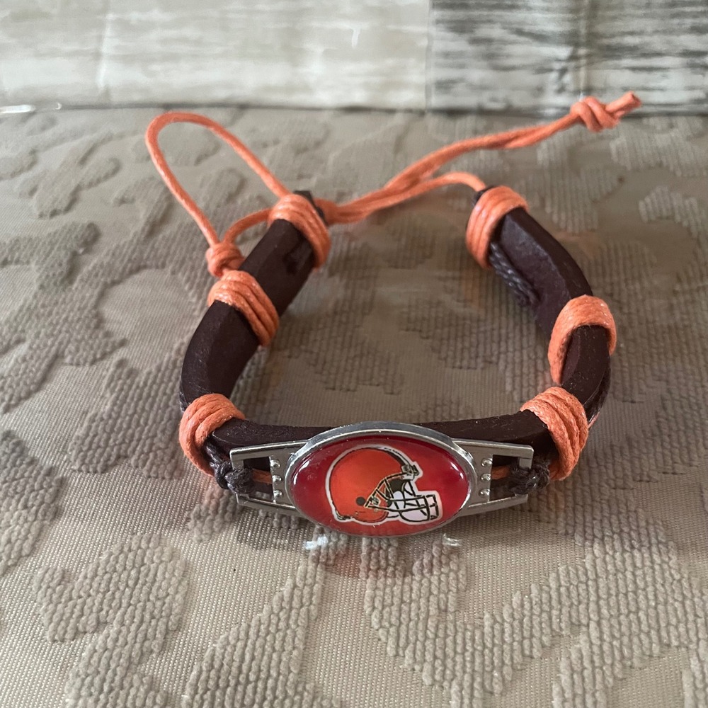 Cleveland Browns NFL Leather Wrap Bracelet Orange Brown Adjustable Fan Jewelry
